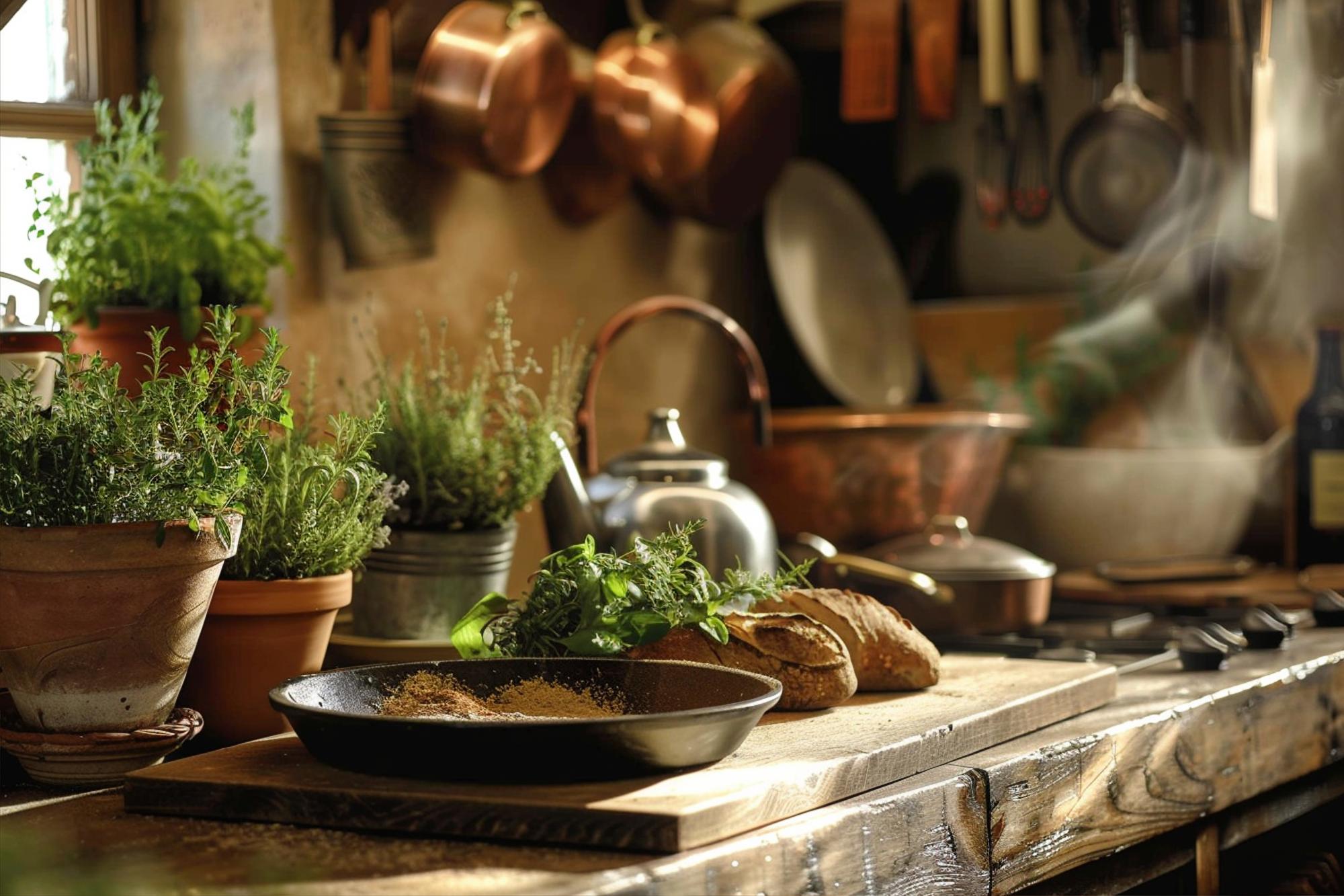 Rustic workshop kitchen with cookware and herbs