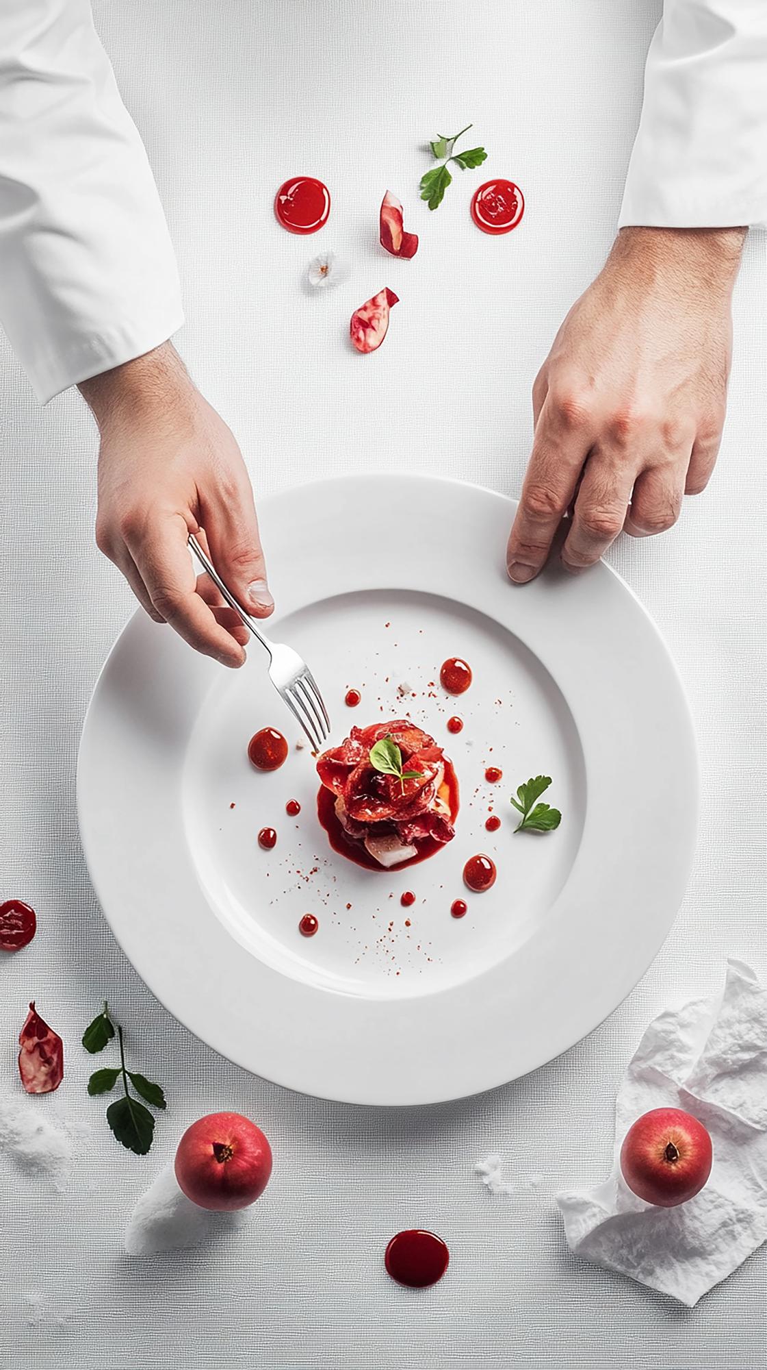 Chef demonstrating a plated dish in a warm studio